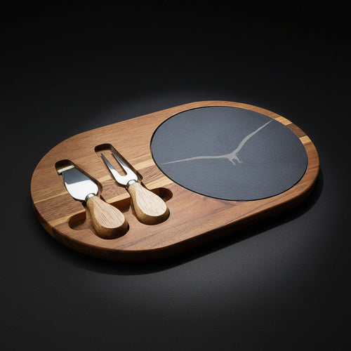 Acacia Wood Charcuterie Board with Engraved Slate Inlay & Cheese Tools – Soaring Bird Design